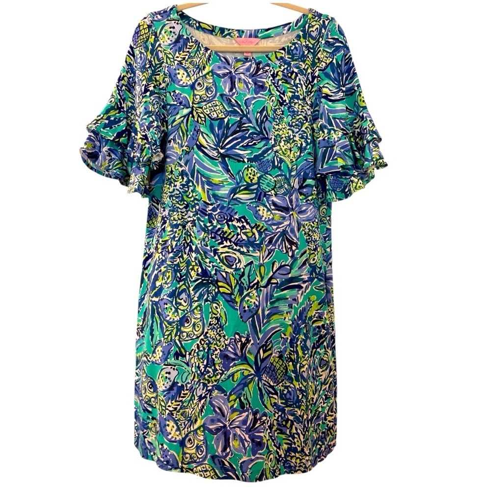 LILLY PULITZER shift dress, loose fit size small, half sleeves & double ruffle - Picture 2 of 7